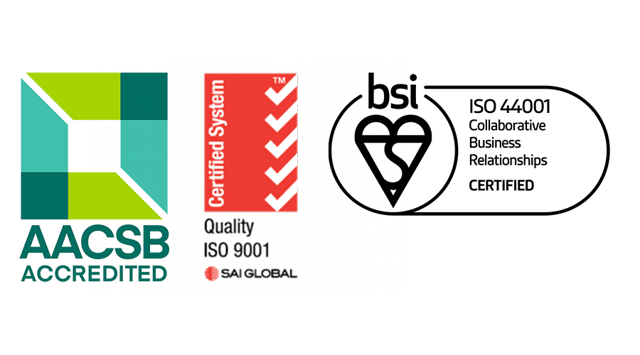 Accreditation logos - AACSB, ISO 9001 and ISO 44001